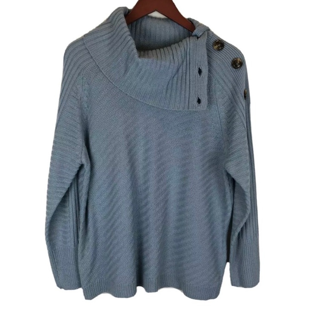 PINA ROSSI Buttoned Cowl Sweater Womens Petite Medium Knit Light Blue Cozy